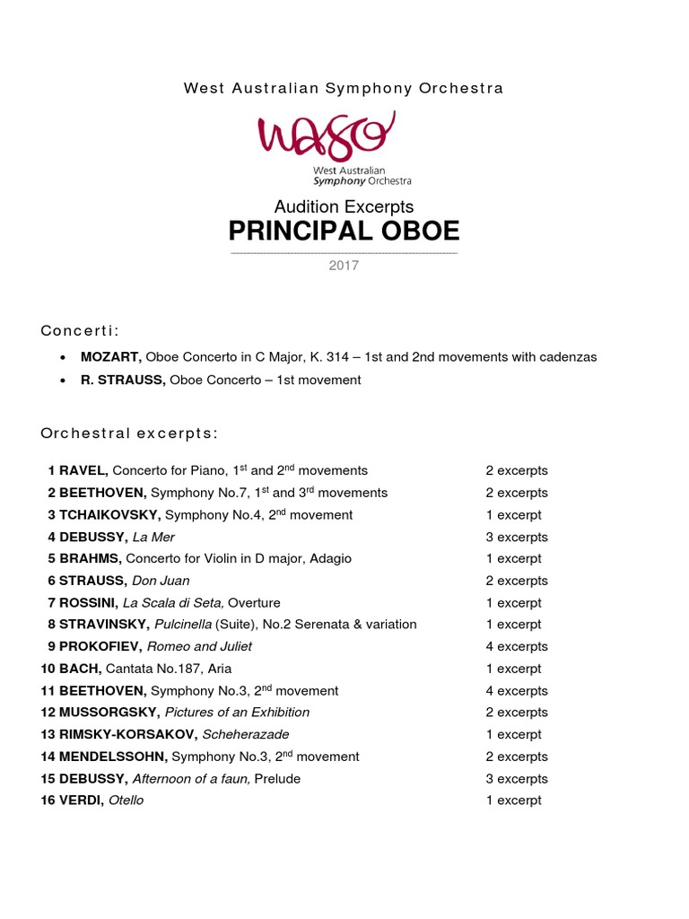 Principal Oboe Audition Excerpts PDF Orchestras Concerto