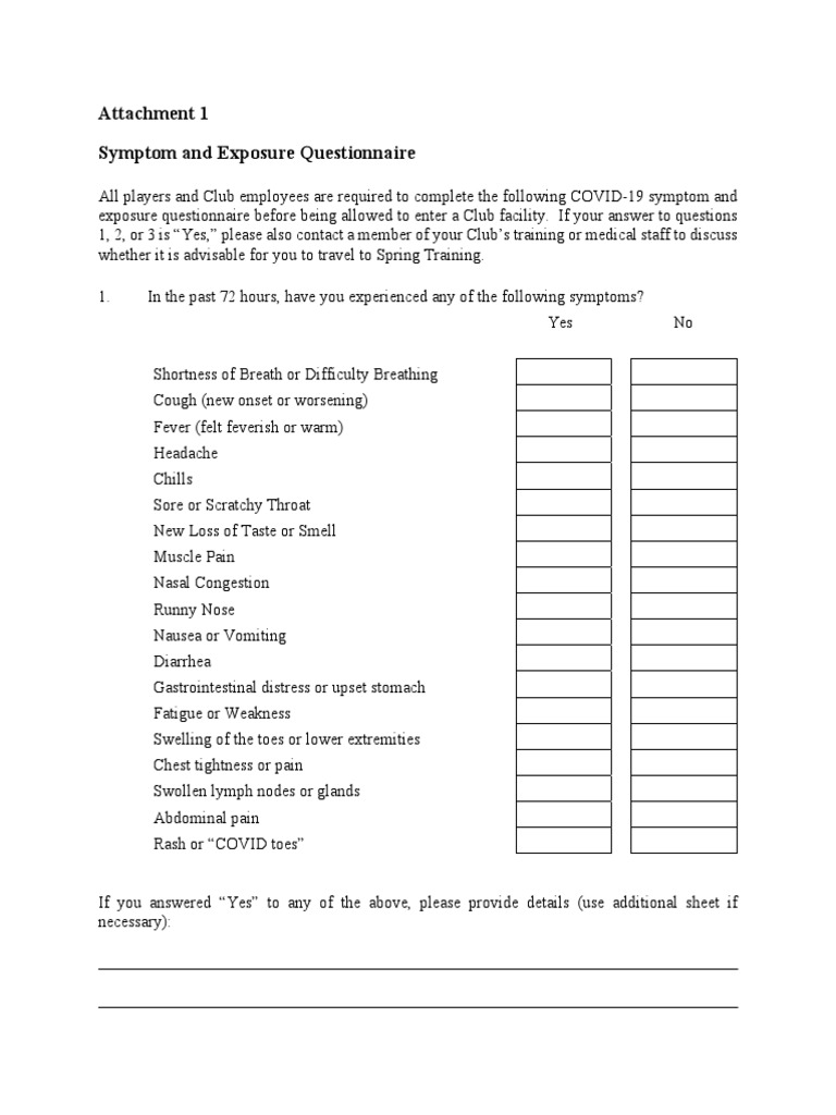 Symptom and Exposure Questionnaire PDF Symptom Medical Specialties