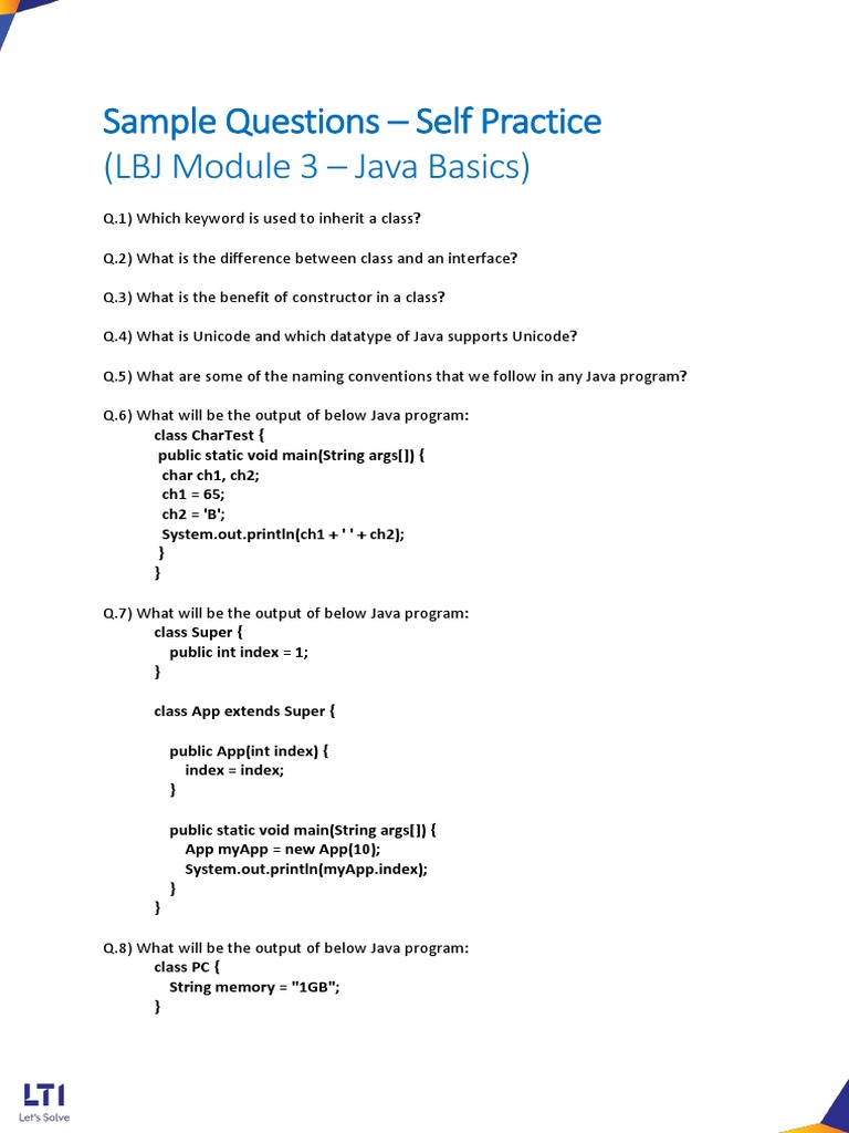 Sample Java Programming Questions and Answers for Self Study | PDF