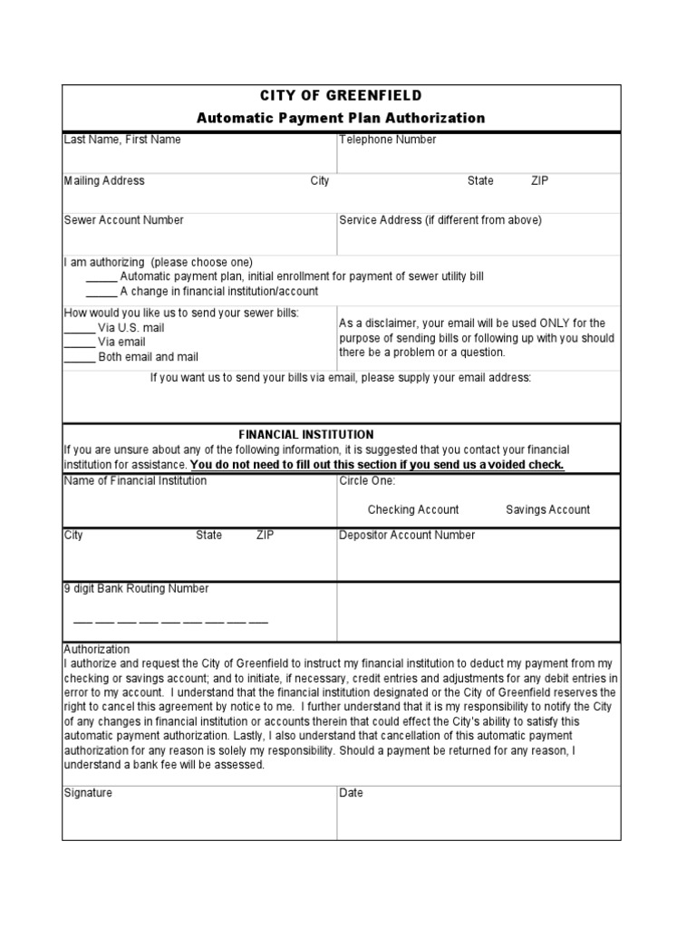 Greenfield Sewer Bill Auto Pay Form | PDF | Business | Law