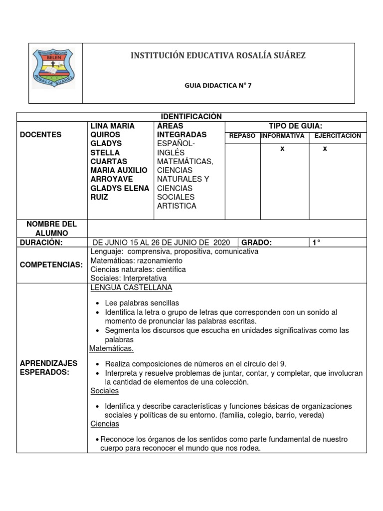 GUIA # 7 Grado Primero Integrada | PDF | Sabor | Enseñanza de matemática