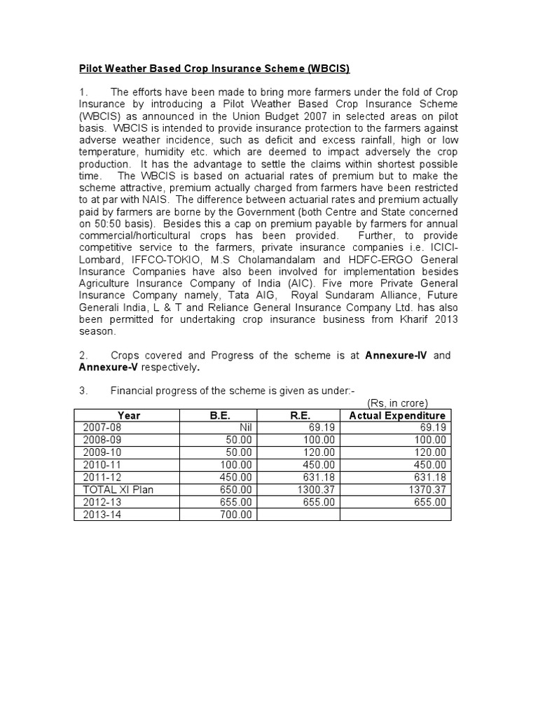 Pilot Weather Based Crop Insurance Scheme (WBCIS) | PDF | Finance ...
