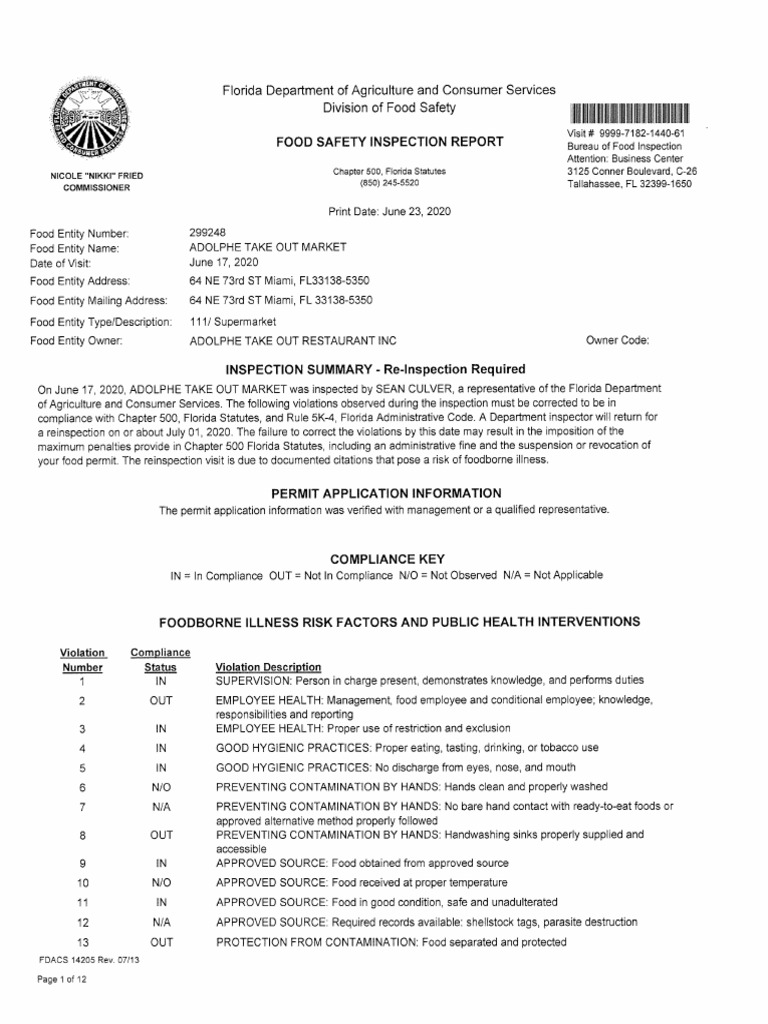 Food Safety Inspection Report Florida Department of Agriculture and