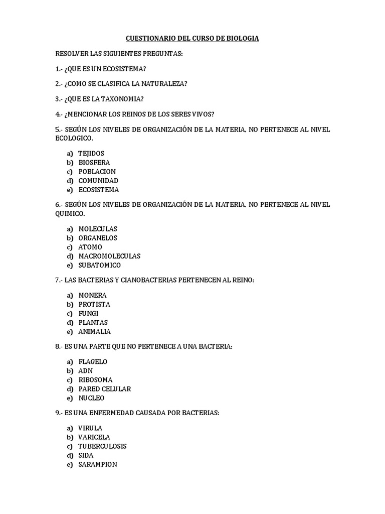Cuestionario de Biología Esencial | PDF | Las bacterias | Plantas