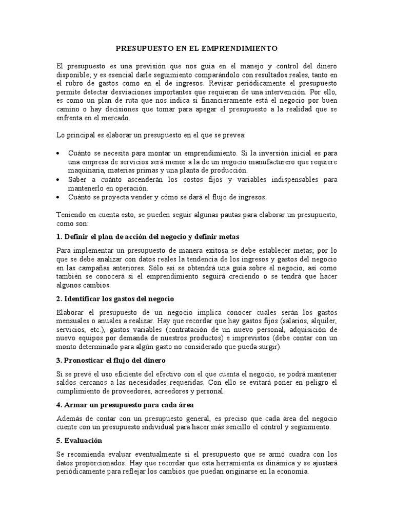 Cómo elaborar un presupuesto de emprendimiento | PDF | Presupuesto ...
