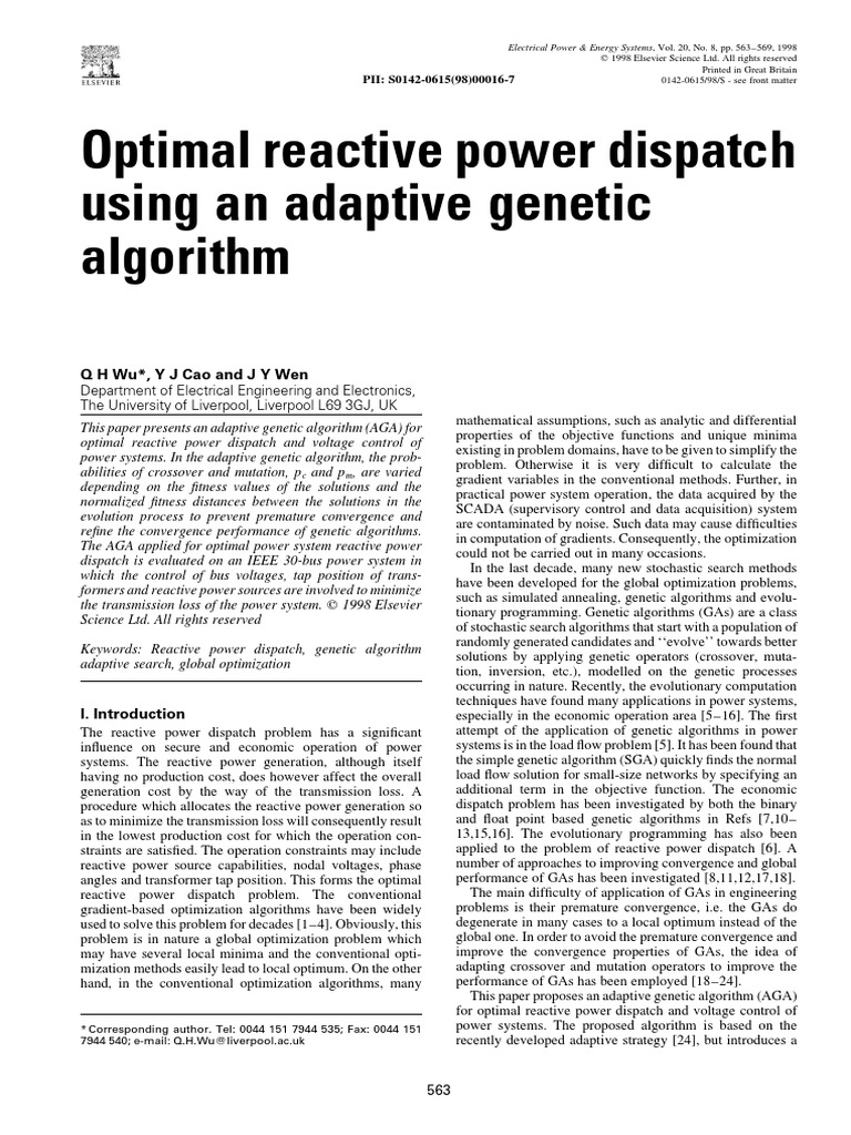 Adaptive Genetic Algorithm for Power Dispatch | PDF | Genetic Algorithm ...