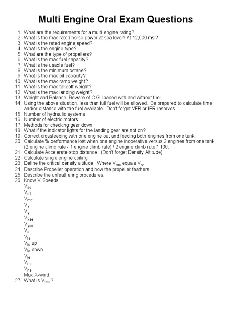 Multi-Engine Oral Exam Questions Guide | PDF | Landing Gear | Aviation