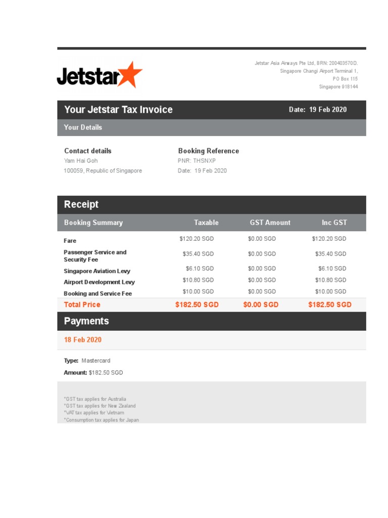 Jetstar Tax Invoice Example | PDF