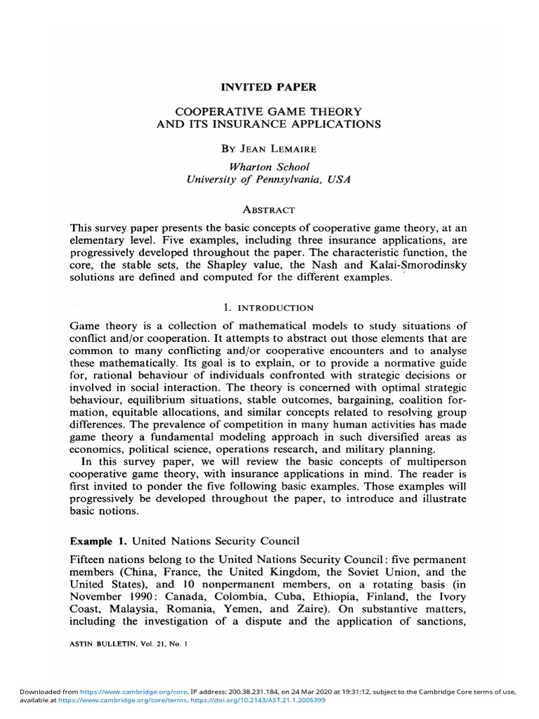 Cooperative Game Theory in Insurance | PDF | Game Theory | Mathematical ...