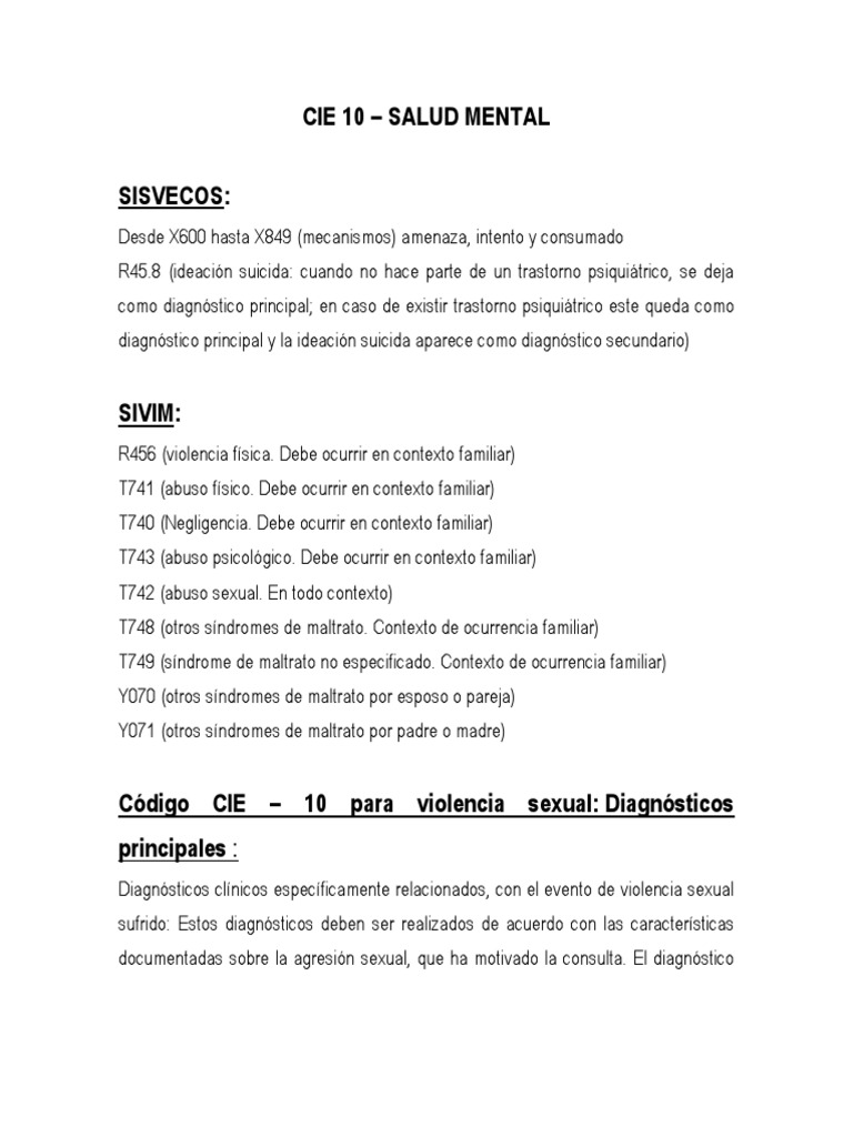 Cie 10 Salud Mental Sivim y Sisvecos PDF Abuso infantil Abuso sexual