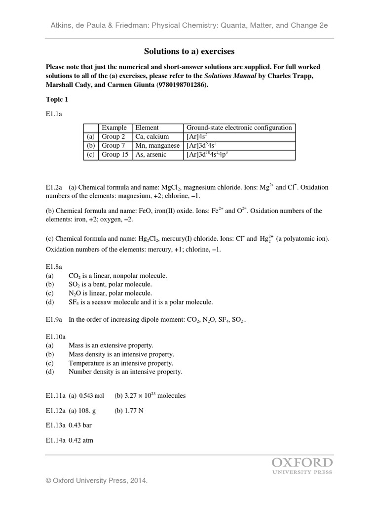 Solutions To A) Exercises Atkins, de Paula & Friedman Physical