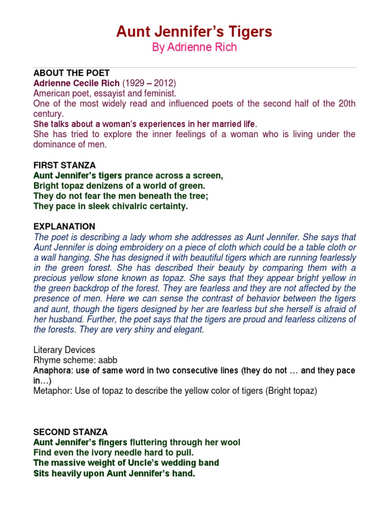 Aunt Jennifer's Tigers: by Adrienne Rich | PDF