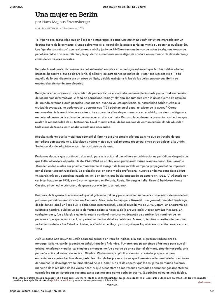 Una Mujer en Berlín El Cultural PDF Agitación