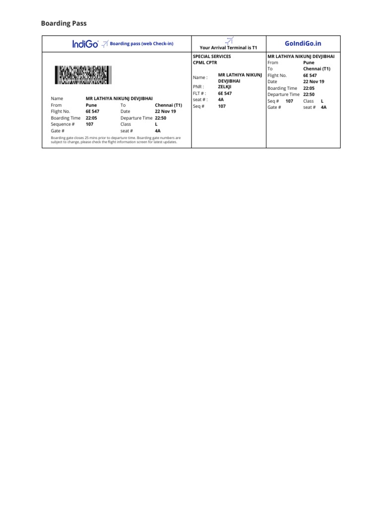 Boarding Pass From To Flight No. Date Boarding Time Departure Time 22