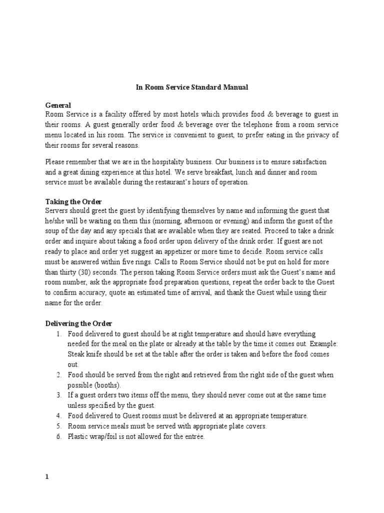 In Room Service Standard Manual General | PDF | Food And Drink | Cooking