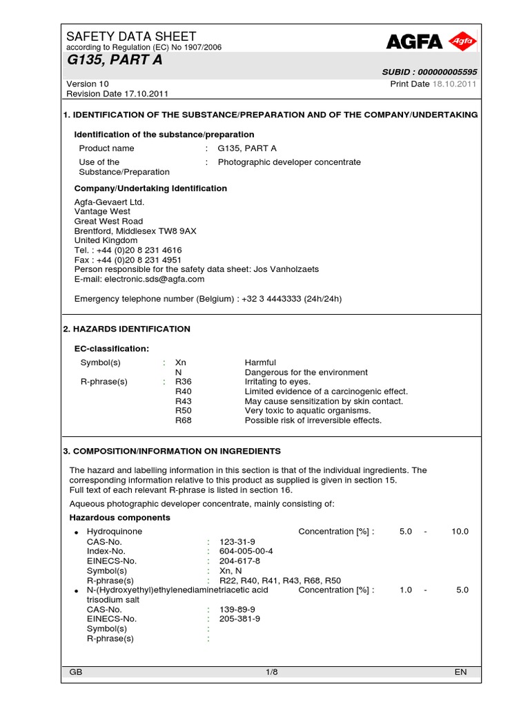 G135, PART A: Safety Data Sheet | Download Free PDF | Dangerous Goods ...