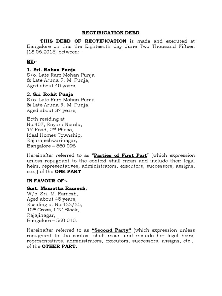 Rectification Deed for Property in Bangalore | PDF | Deed | Real Estate Law