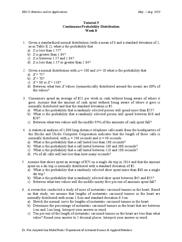 Tutorial 5 Topic 5 Week 8 | PDF | Normal Distribution | Mean