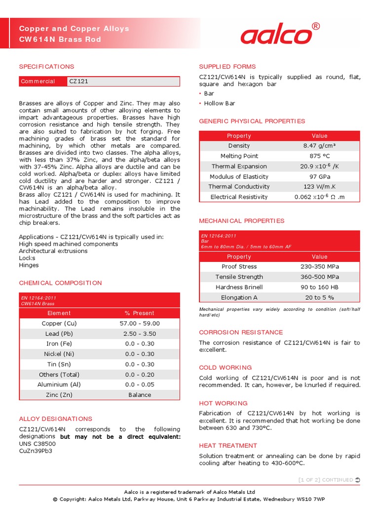 Copper and Copper Alloys CW614N Brass Rod Specifications Supplied