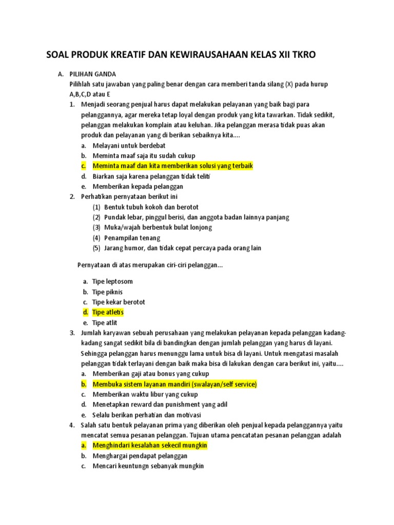 Soal Produk Kreatif Dan Kewirausahaan Tkro 2019