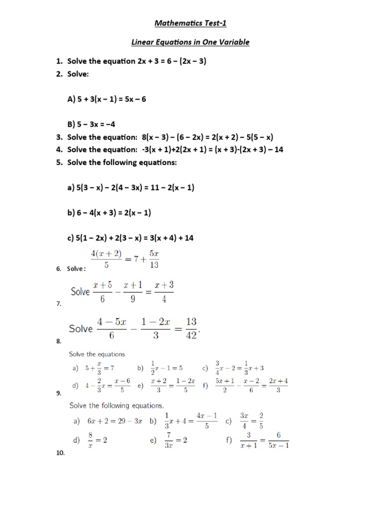 Mathematics Test-1 Linear Equations in One Variable: 6. Solve | PDF