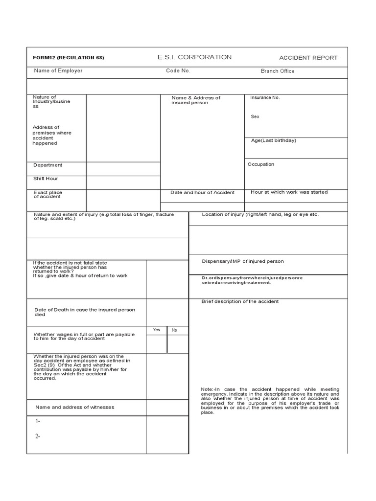 ESIC Form 12 Accident Report Template | PDF | Employment | Labor