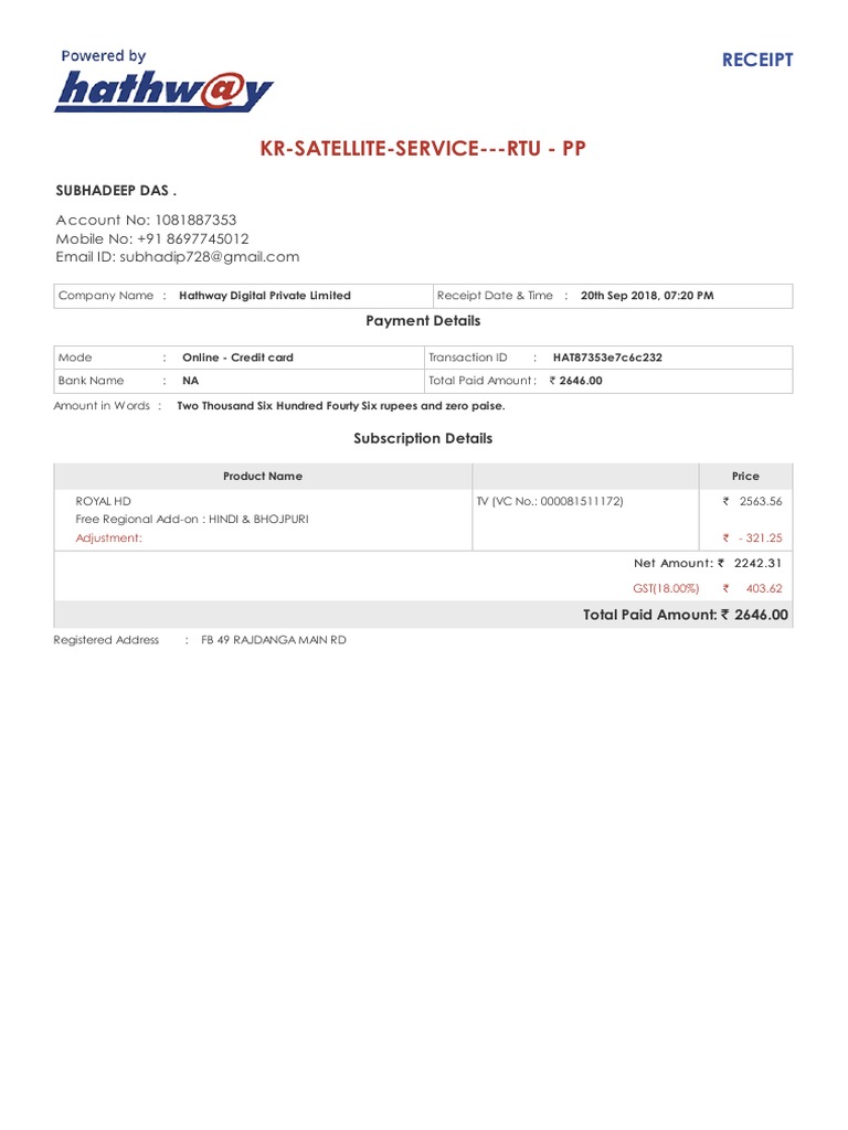 Kr-Satellite-Service - Rtu - PP: Receipt | PDF | Finance & Money Management