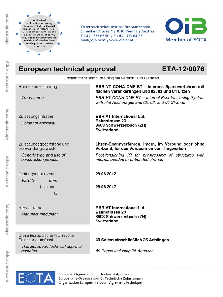 BBR VT CONA CMF BT Technical Approval | PDF | Prestressed Concrete ...