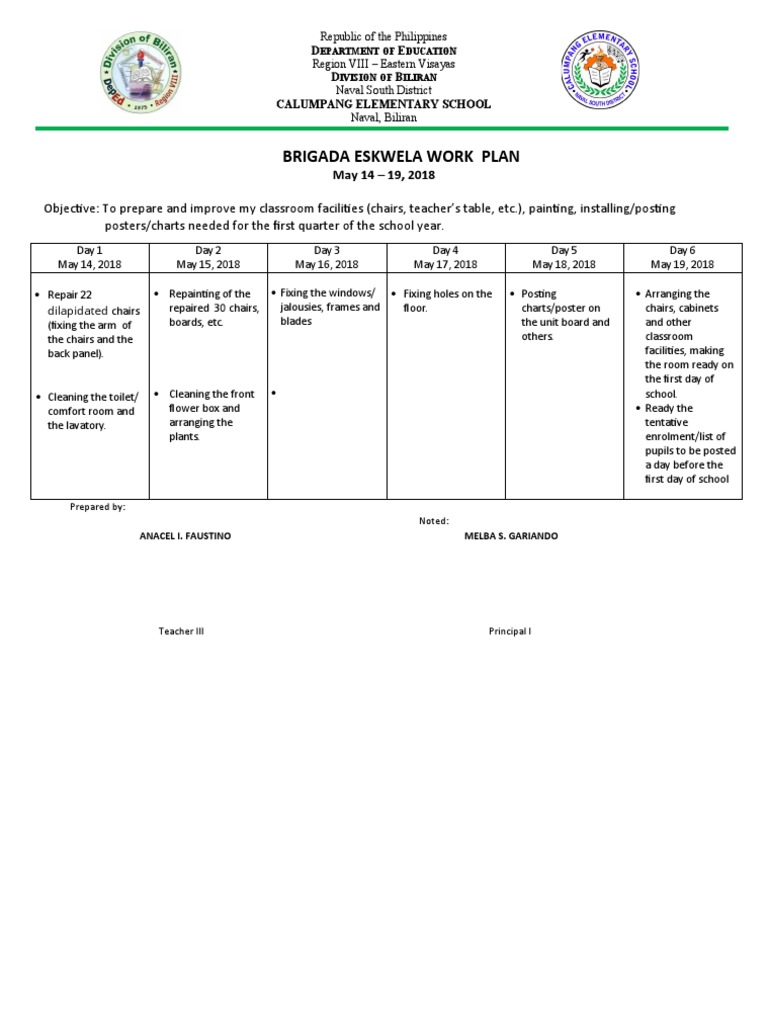 Brigada Eskwela 2018 Work Plan | PDF | Schools
