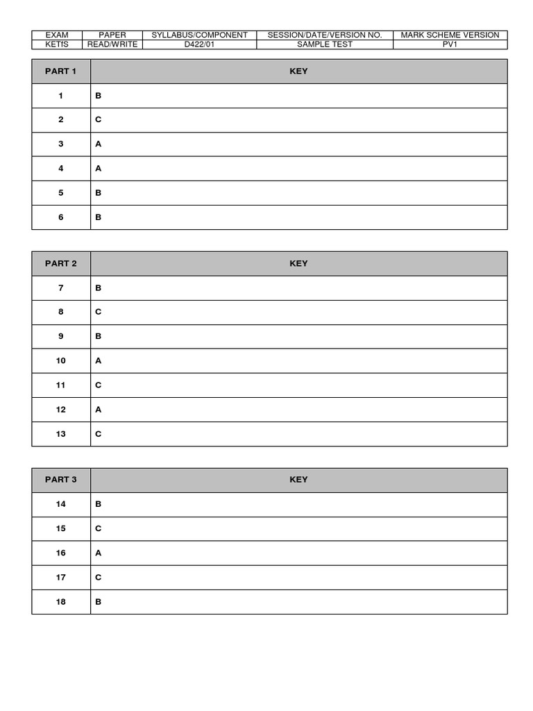 A2 Key For Schools 2020 Sample Reading and Writing - Answer Key | PDF