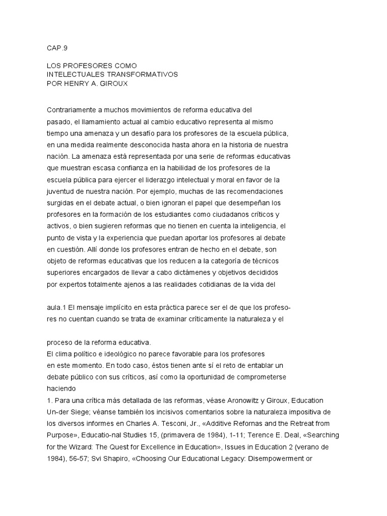 Cap. Los Profesores Como Intelectuales Transformativos Por Henry A. Giroux PDF Plan de