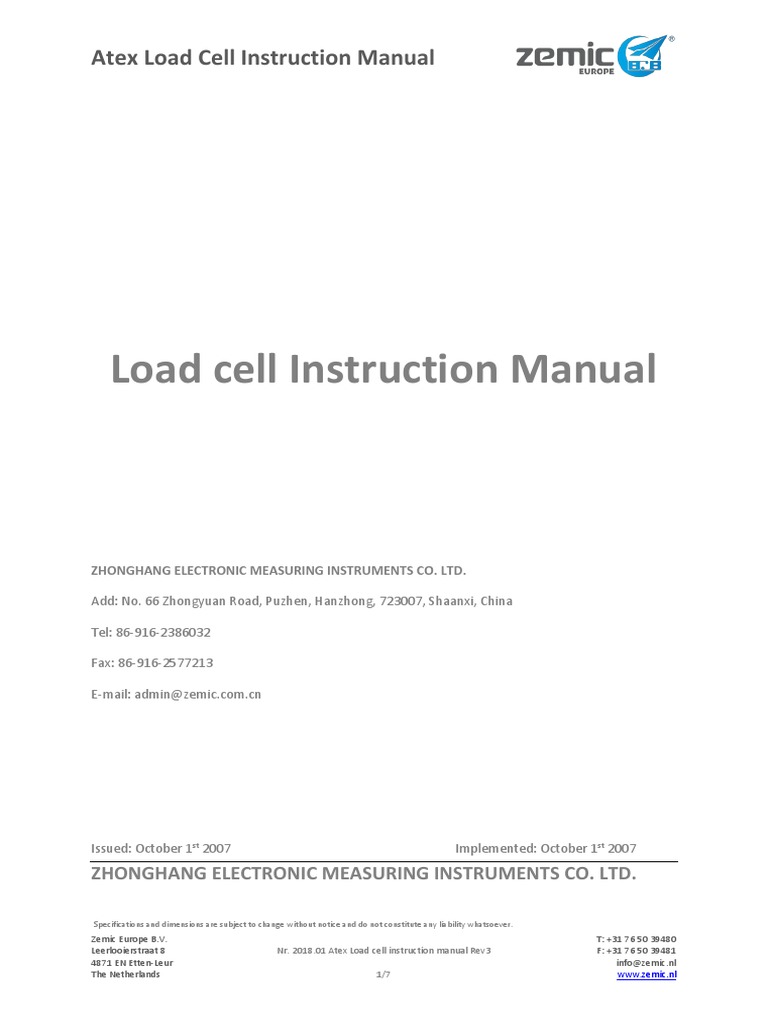 Zemic ATEX Load Cell Manual | PDF | Electrical Engineering | Electricity