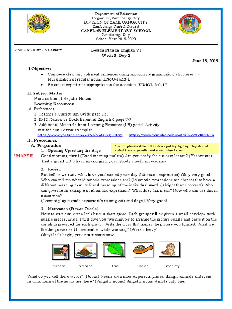 COT 1Lesson Plan in English VIfinal PDF Plural Grammatical Number