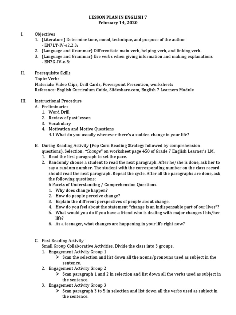 Grade 7 Verbs Lesson Plan | PDF | Verb | Reading Comprehension