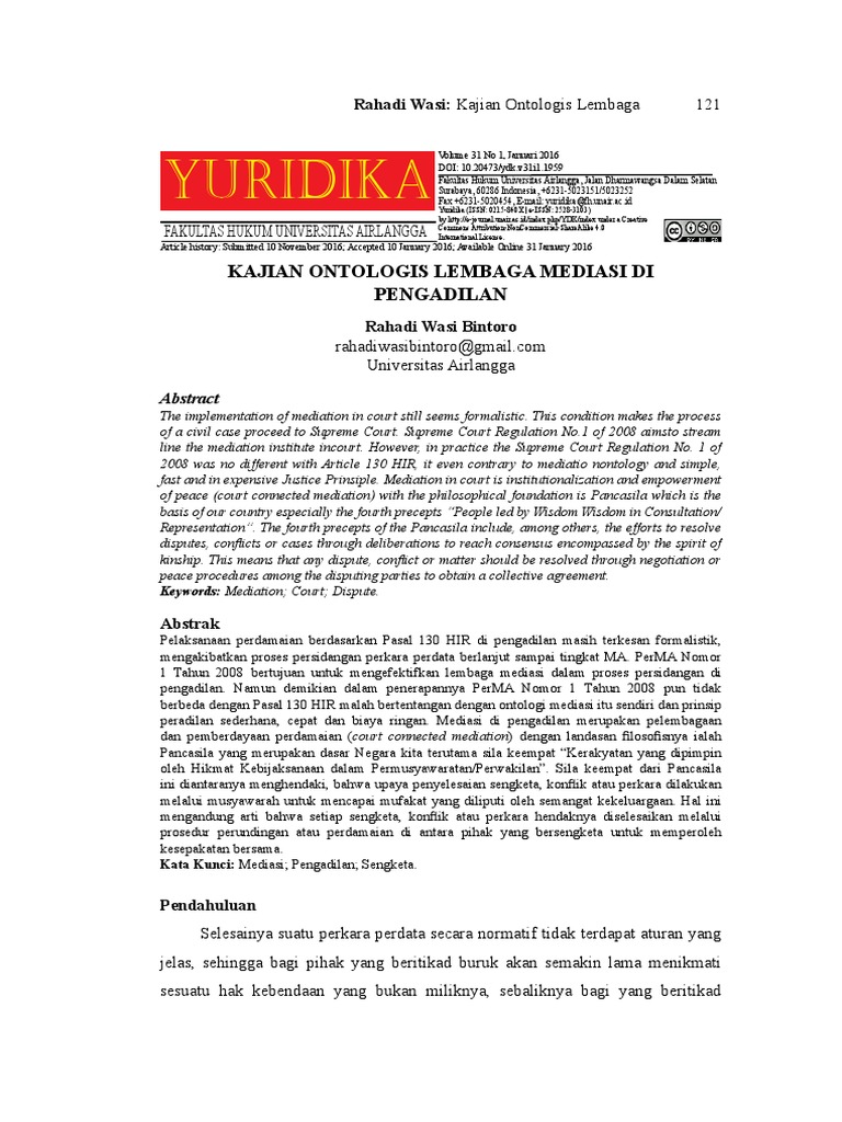 Yuridika: Kajian Ontologis Lembaga Mediasi Di Pengadilan | PDF ...