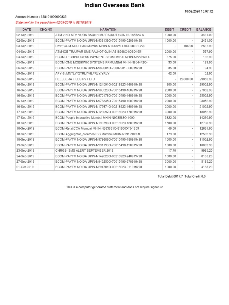 Indian Overseas Bank Account Statement | PDF | Financial Services | Banking