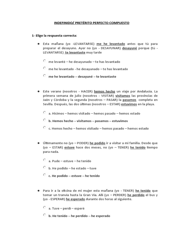 Ejercicios de Pretérito Perfecto e Indefinido en Español | PDF | Artes ...