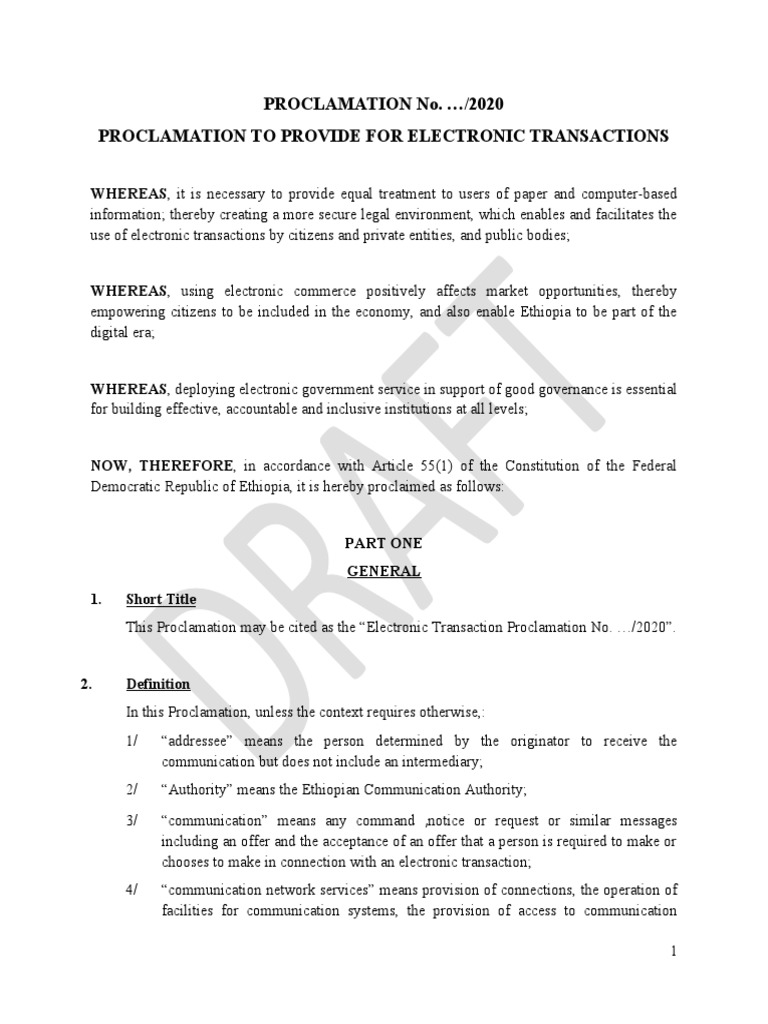 Ethiopia's Electronic Transaction Proclamation | PDF | Signature ...