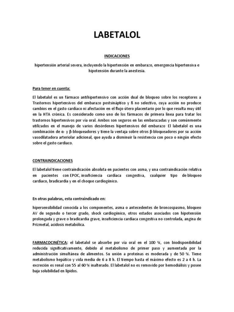 El labetalol indicaciones, contraindicaciones, farmacocinética, reacciones adversas y grupos