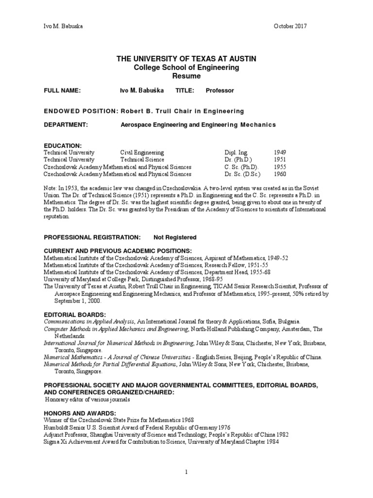 The University of Texas at Austin College School of Engineering Resume ...