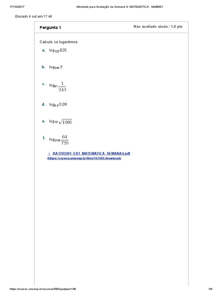 Quiz Matematica Basica UNIVESP Semana 1 a 5 - Matemática Básica