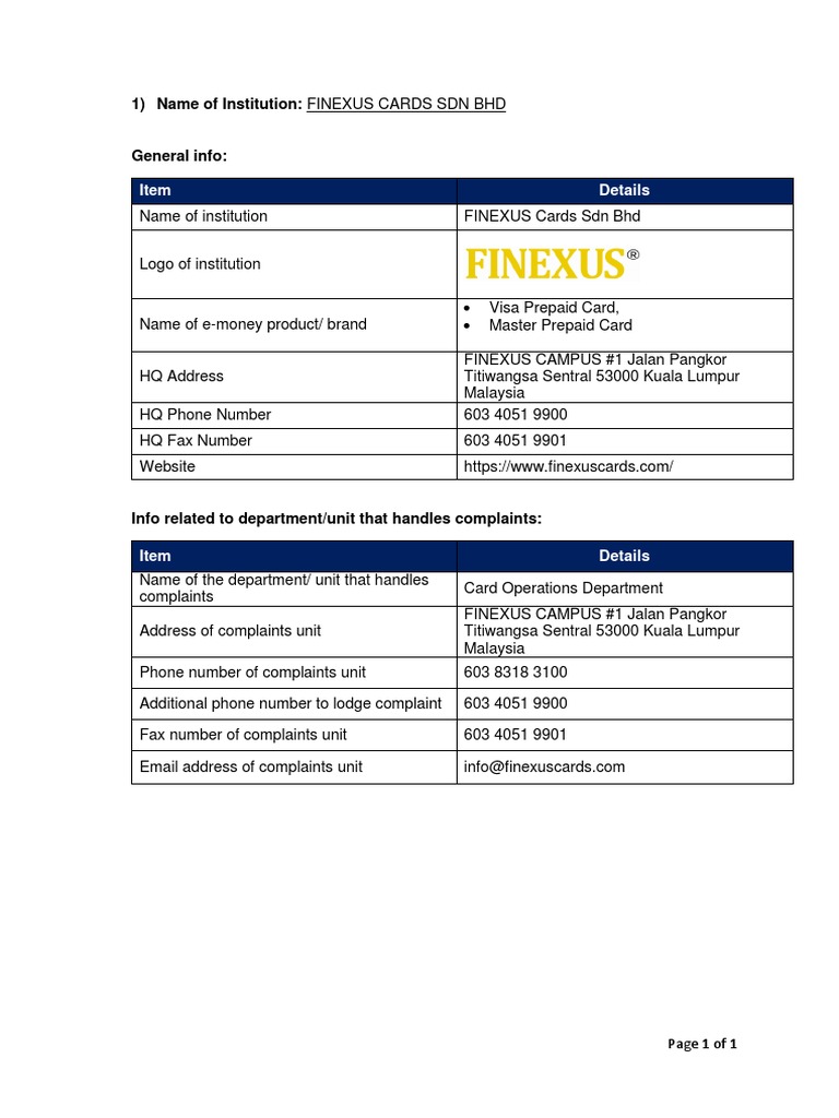 FINEXUS Prepaid Card Info | PDF
