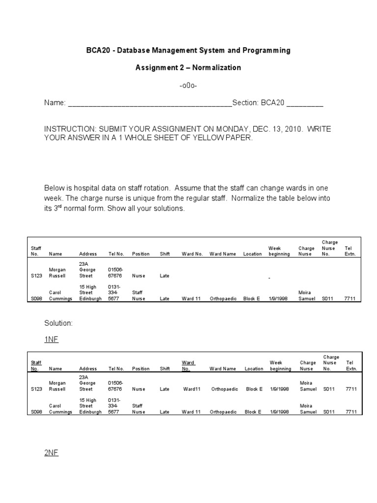 Solution To Normalization Assignment Information Technology