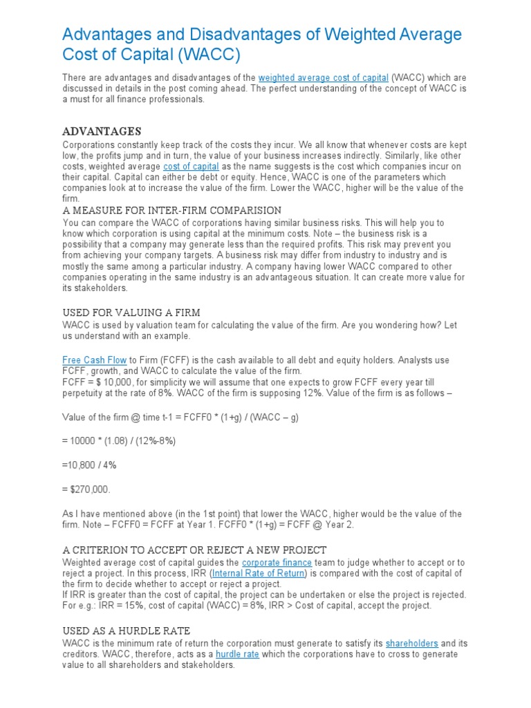 Advantages and Disadvantages of Weighted Average Cost of Capital PDF
