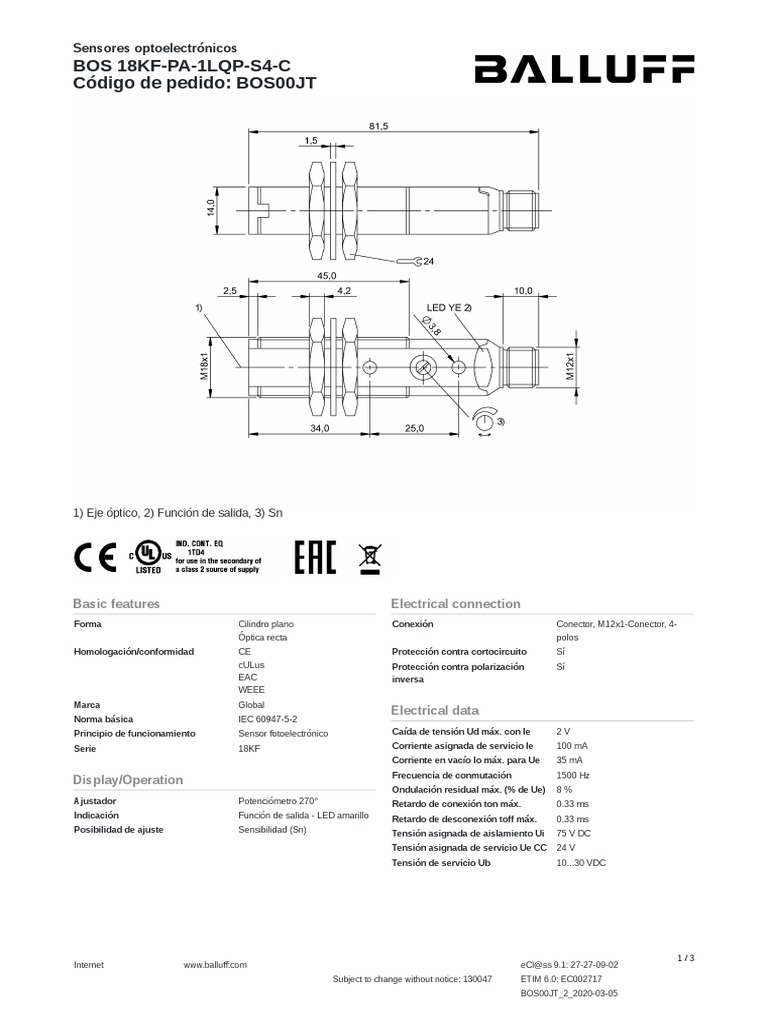 BOS 18KF PA 1LOC S4 C BALLUFF   Sensor: fotoeléctrico | Alcance: 0÷0