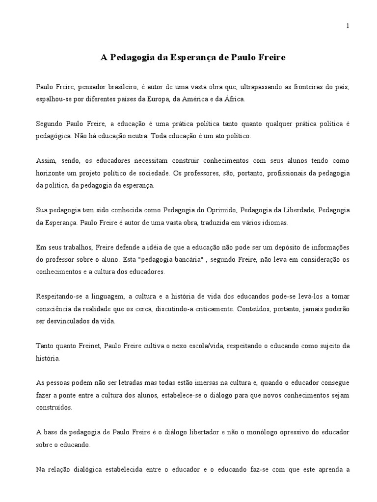Pedagogia da Esperança de Paulo Freire | PDF | Pedagogia | Alfabetização