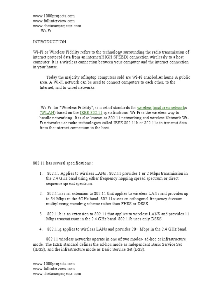 Wireless Local Area Network Wlan IEEE 802.11: IEEE 802.11b or 802.11a ...