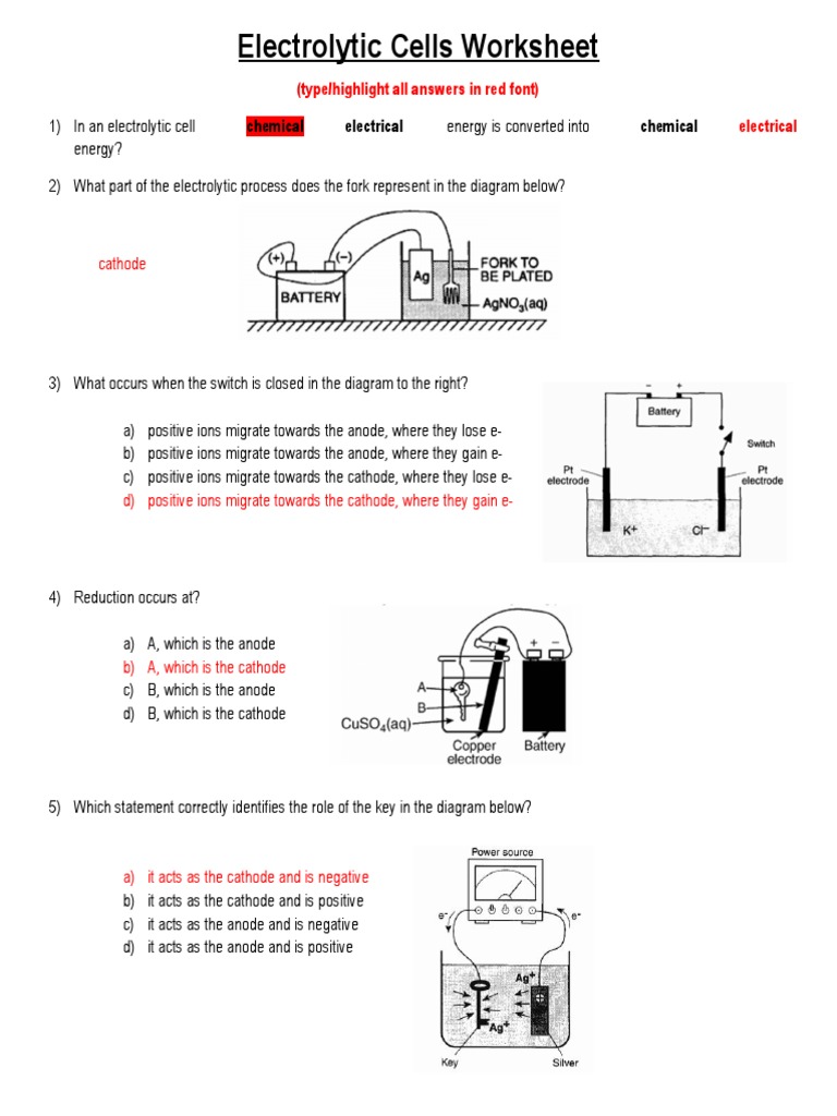Electrolytic Cells Worksheet