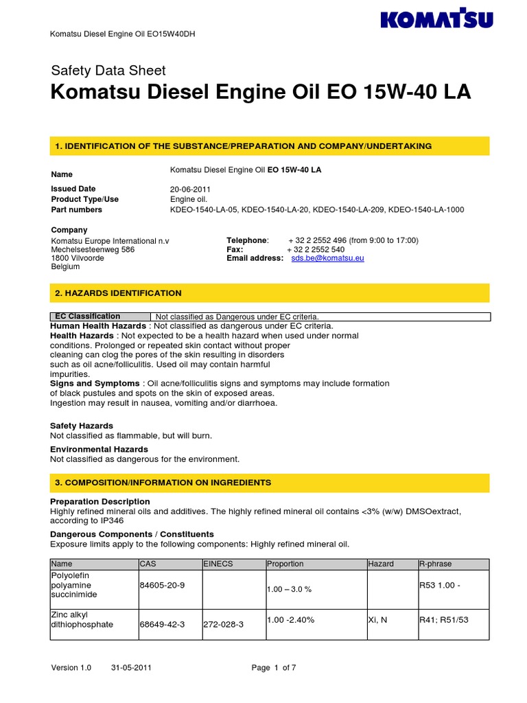 Komatsu Diesel Engine Oil EO15W40 LA PDF Dangerous Goods Toxicity