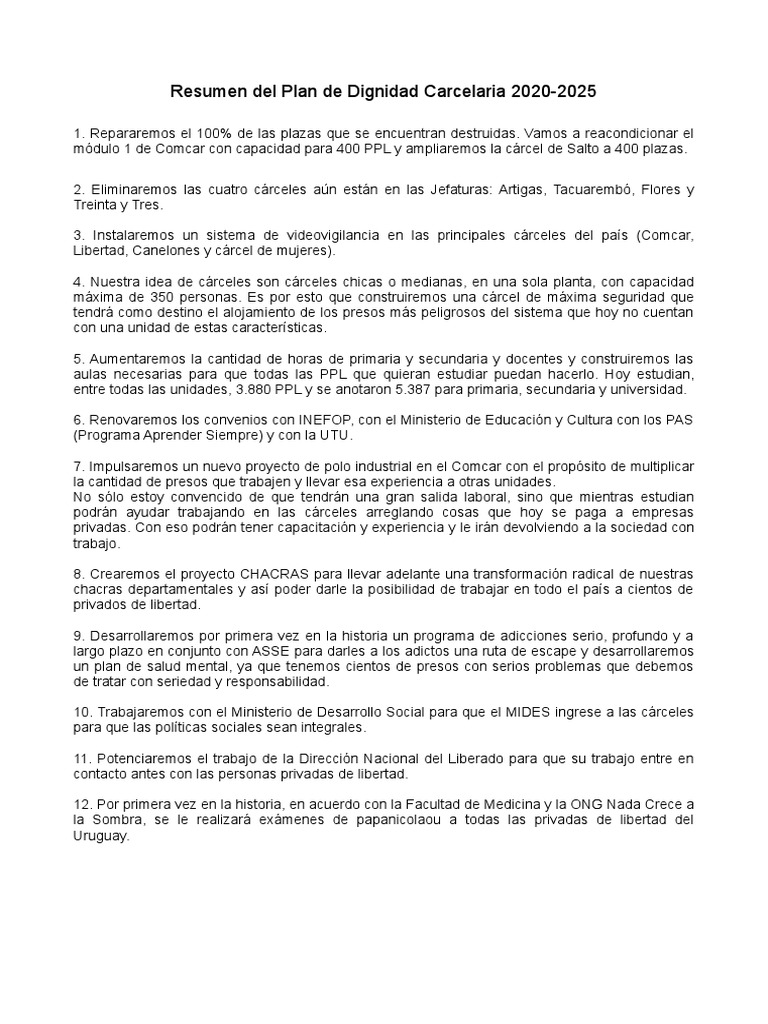 Resumen Del Plan de Dignidad Carcelaria 20202025 PDF